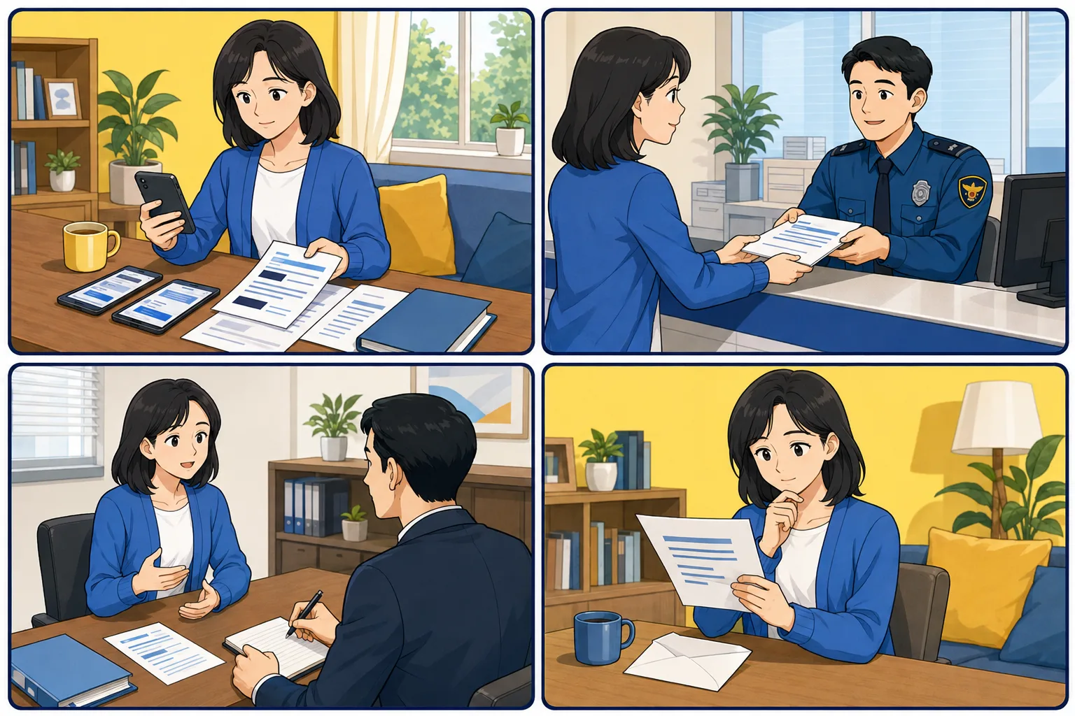 네 컷 만화: 피해자가 증거를 정리하고, 경찰서에 서류를 제출한 뒤, 수사관과 조사하고, 집에서 결과 통지서를 확인합니다.