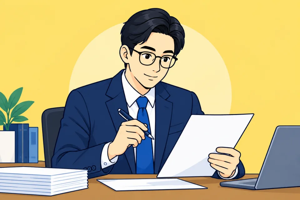 고소장과 증거를 검토하는 변호사 만화 캐릭터