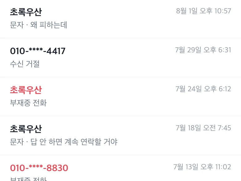 가상 사례 캡처: 연락 거절 뒤 이어진 부재중 전화와 문자 기록